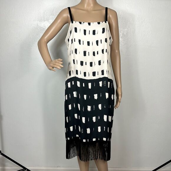 Paz Torraz Black And White Party Cocktail Sleeveless Fringe Midi Dress Size M - Picture 2 of 9